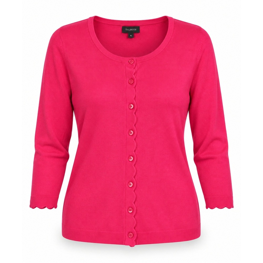 Talbots Hot Pink Scalloped Trim Button Front Cardigan XL 3/4 Sleeve Knit Sweater